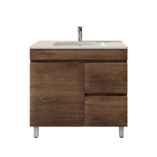[93123/B94RL-DO] 900mm Dark Oak MDF Freestanding Bathroom Vanity Cabinet Only Left Drawer PVC Vacuum Filmed