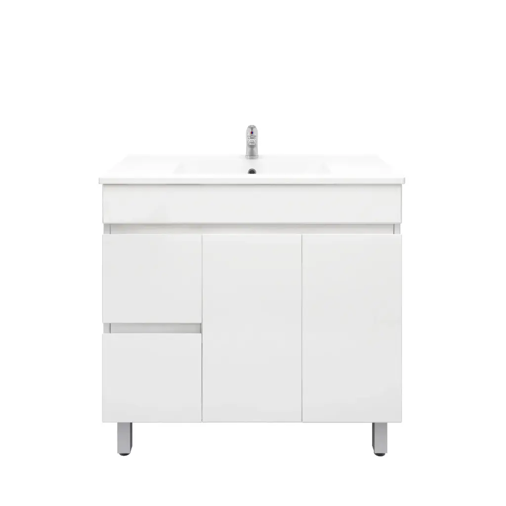 [92018/PVC94LL] 900mm Freestanding Bathroom Vanity Cabinet Only PVC Left Drawer Gloss White