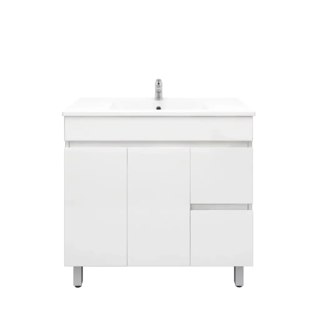 [92019/PVC94LR] 900mm Freestanding Bathroom Vanity Cabinet Only PVC Right Drawer Gloss White