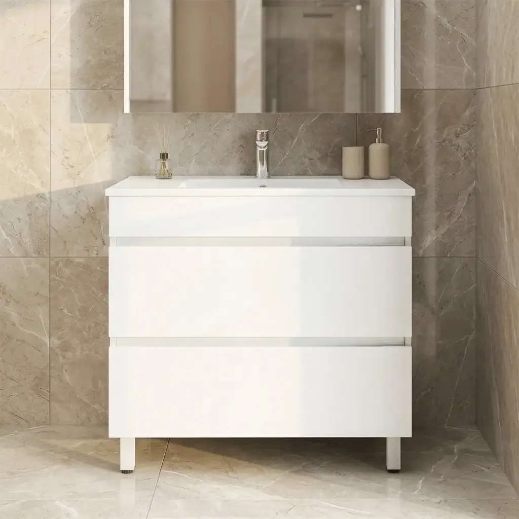 [93044/MW9046L] 900Lx830Hx450Dmm Matte White MDF Board with PVC Vacuum Filmed 2/DW Freestanding Vanity