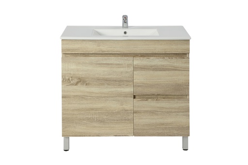 [93121/B94RL-WO] 900mm White Oak MDF Freestanding Bathroom Vanity Cabinet Only Left Drawer PVC Vacuum Filmed