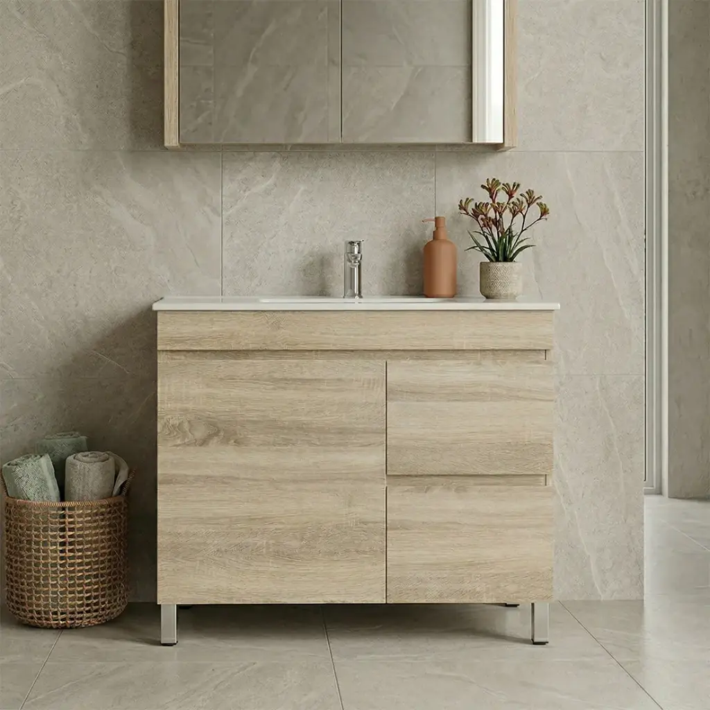 [93121/B94RL-WO] 900mm White Oak MDF Freestanding Bathroom Vanity Cabinet Only Left Drawer PVC Vacuum Filmed