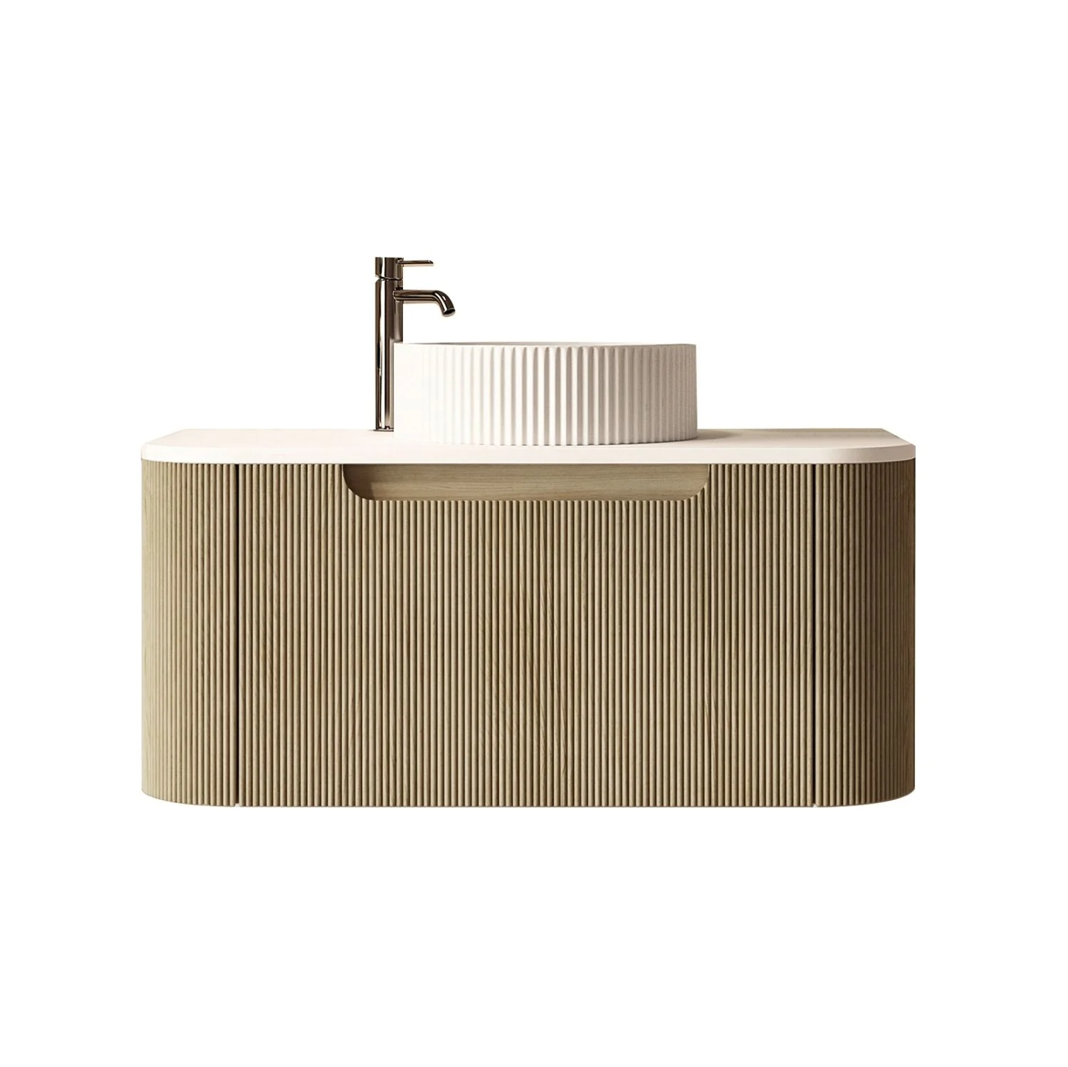 [50783] 900x460x400mm Rome Bur Oak Round Edge Grooved Wall Hung MDF Vanity With White Quartz Stone Top One Soft Closing Drawer