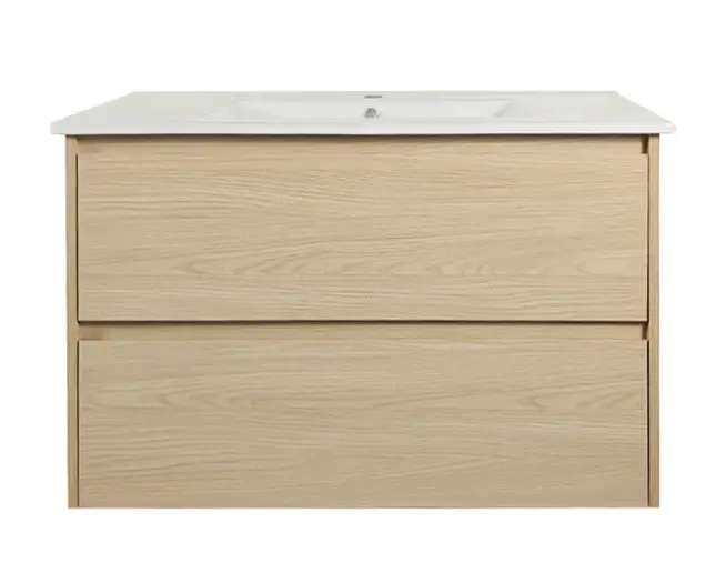 [50770] 900x460x560mm Hera Tas Oak Wall Hung MDF Vanity With Luna White Stone Top Two Soft Closing Drawers