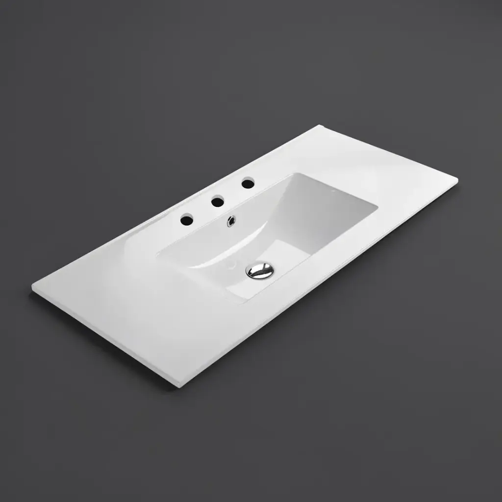 [56308] 905*463*175mm Gloss White Crete Fine Ceramic Counter Top 3 Tap Hole Overflow,32mm Waste