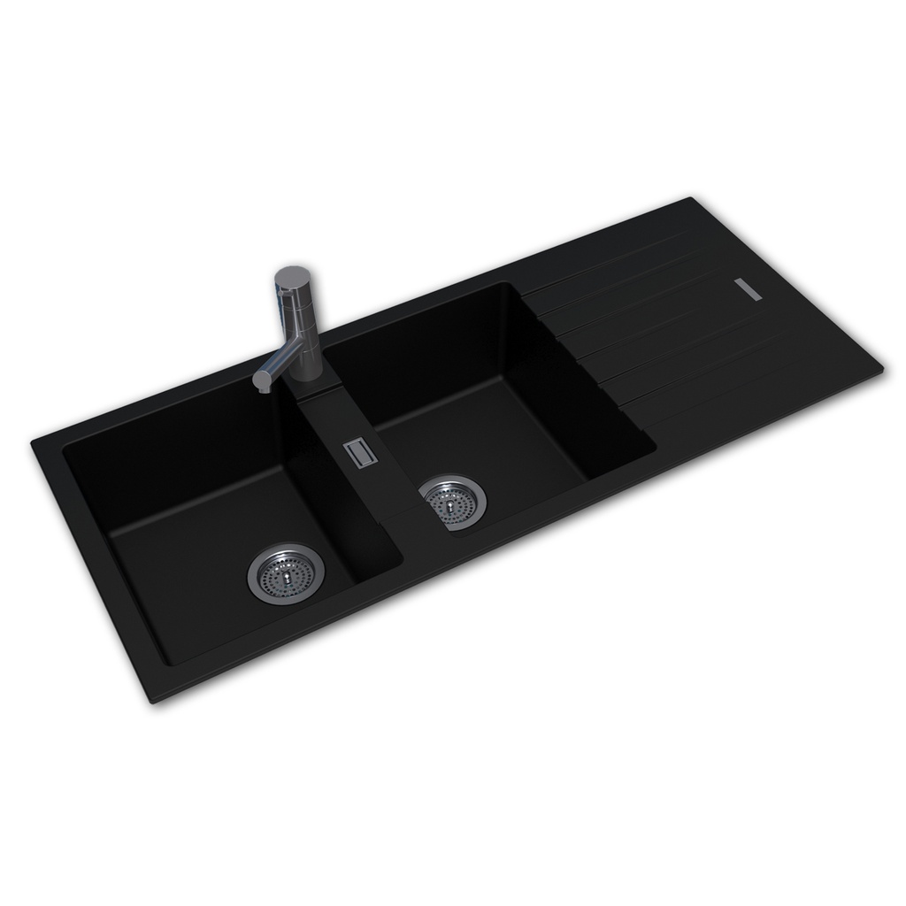 [40537] Black Granite Quartz Stone Kitchen Sink Double Bowls Drainboard Top/Undermount 1160*500*200mm