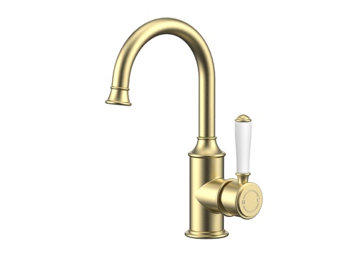 [44244] Clasico Gooseneck Basin Mixer Ceramic handle in Brushed Gold