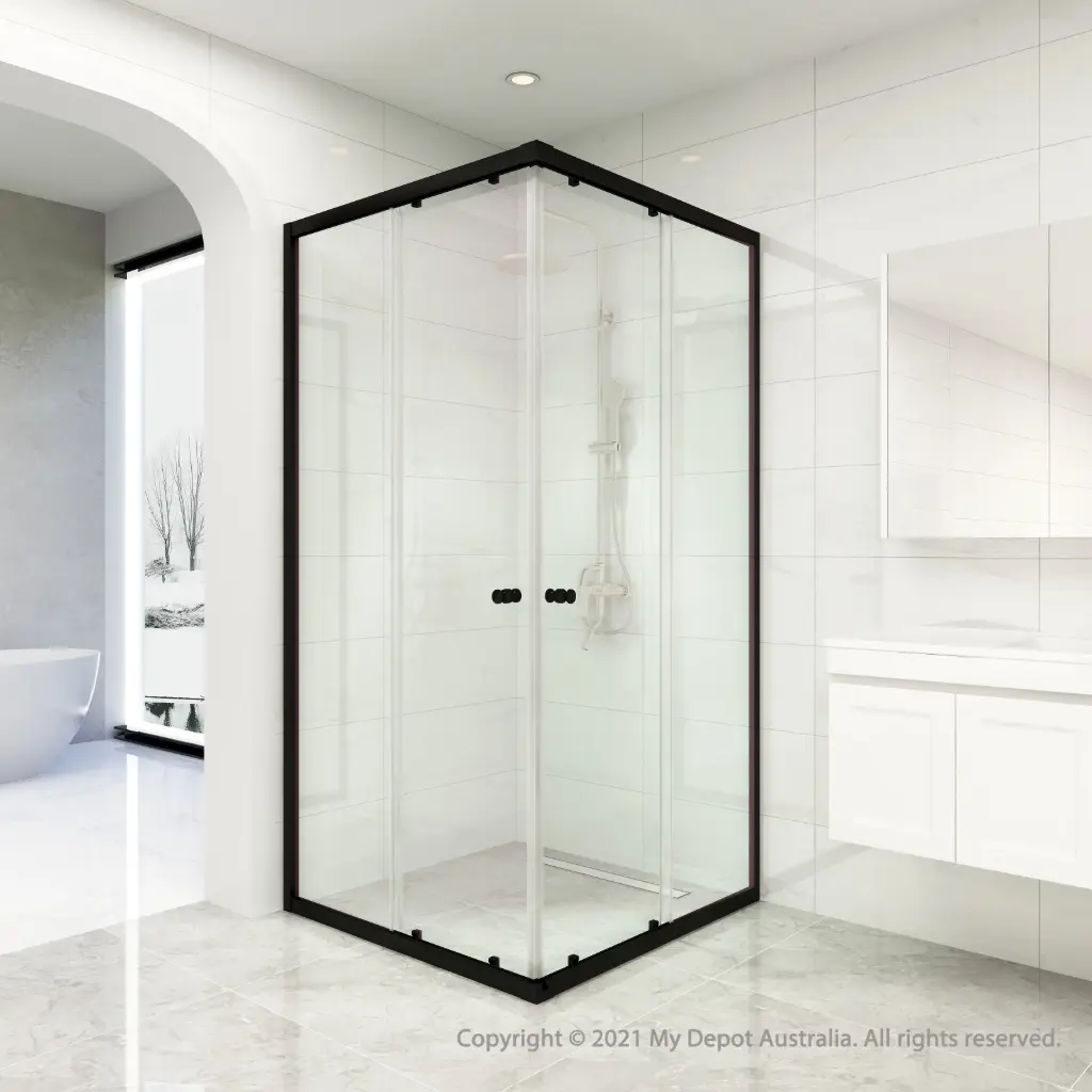 Corner Entry Double Slider Shower Screen Black Fittings 875x875mm
