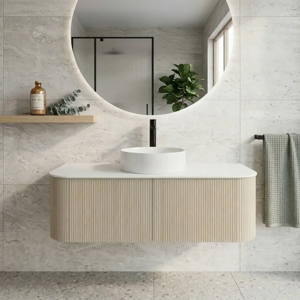 [93299/KC125W-CO] Kiama 1200mm Coastal Oak Two Drawers Curved Wall Hung Vanity Cabinet Only