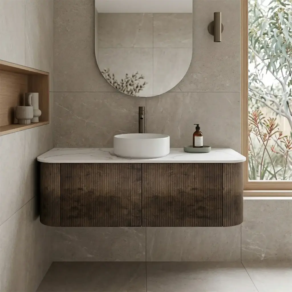 [93402/KC125W-DO] Kiama 1200mm Dark Oak Two Drawers Curved Wall Hung Vanity Cabinet Only