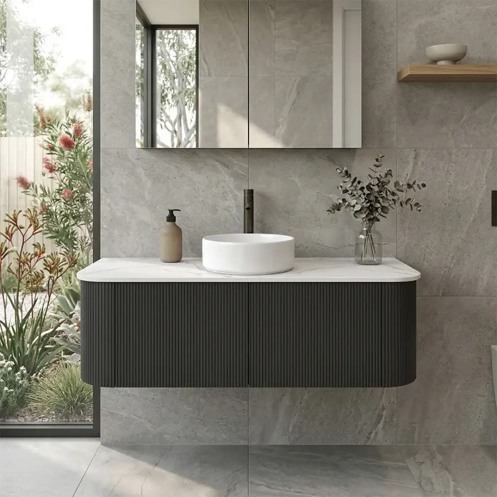 [93387/KC125W-MB] Kiama 1200mm Matte Black Two Drawers Curved Wall Hung Vanity Cabinet Only