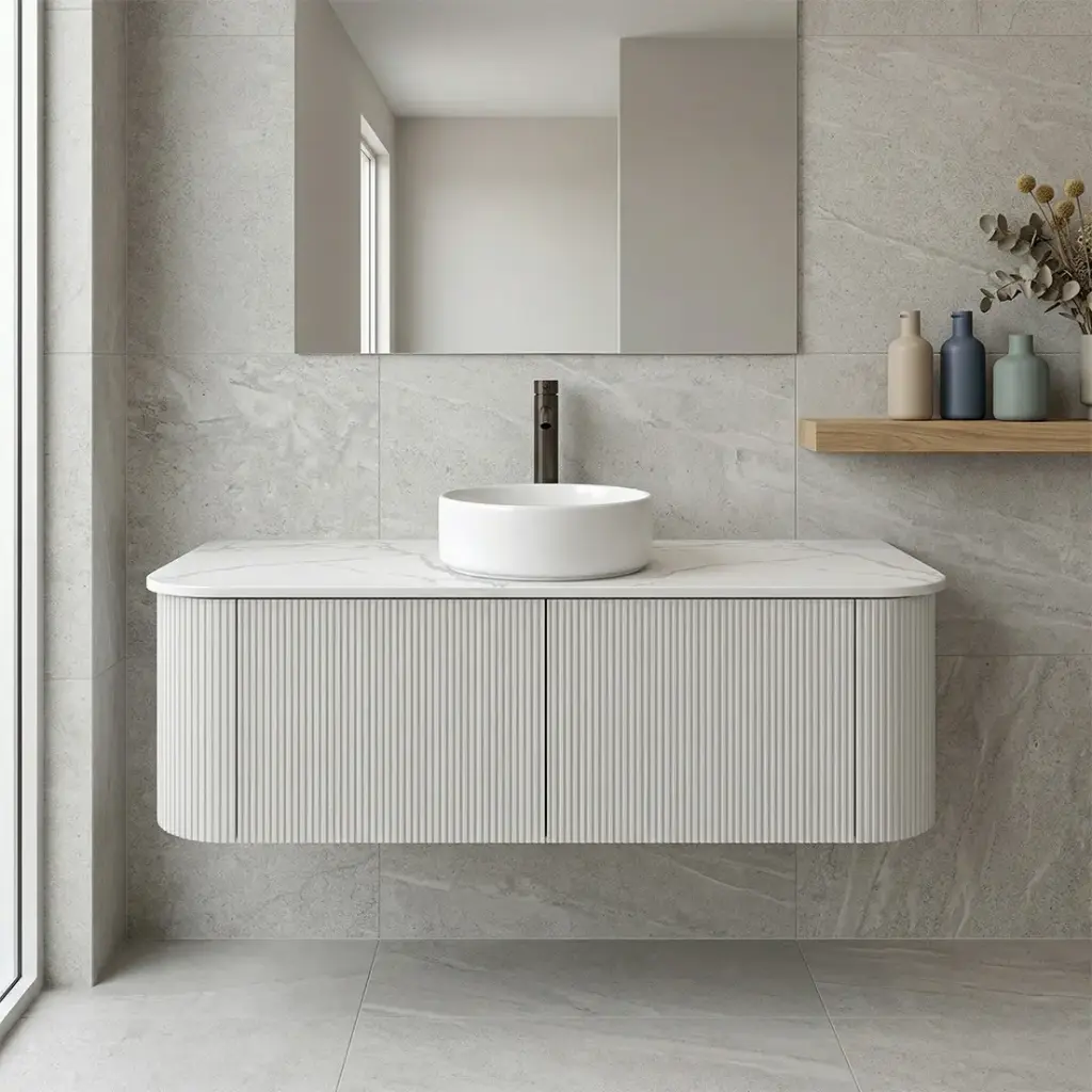 [93382/KC125W-MW] Kiama 1200mm Matte White Two Drawers Curved Wall Hung Vanity Cabinet Only