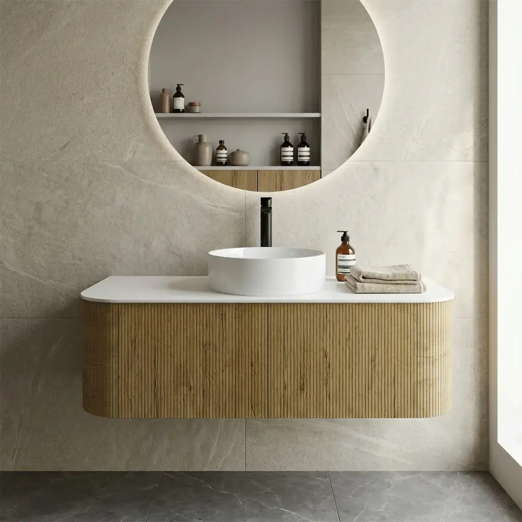 [93295/KC125W-PO] Kiama 1200mm Prime Oak Two Drawers Curved Wall Hung Vanity Cabinet Only