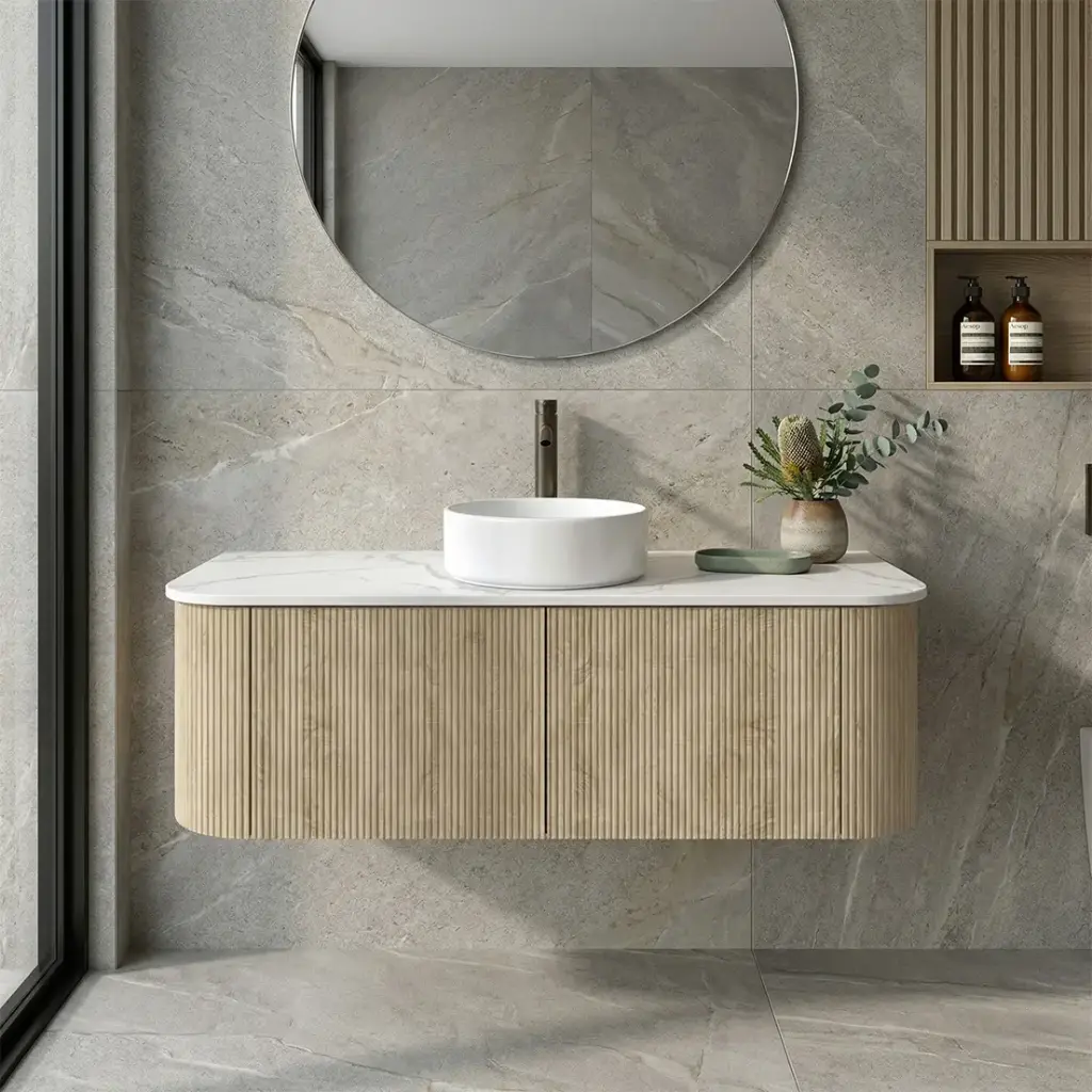 [93392/KC125W-WO] Kiama 1200mm White Oak Two Drawers Curved Wall Hung Vanity Cabinet Only