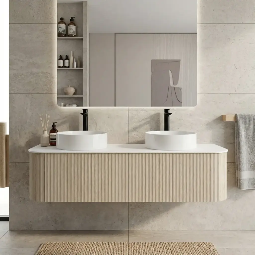 [93300/KC155W-CO] 1500mm Kiama Coastal Oak Two Drawers Curved Wall Hung Vanity Cabinet Only