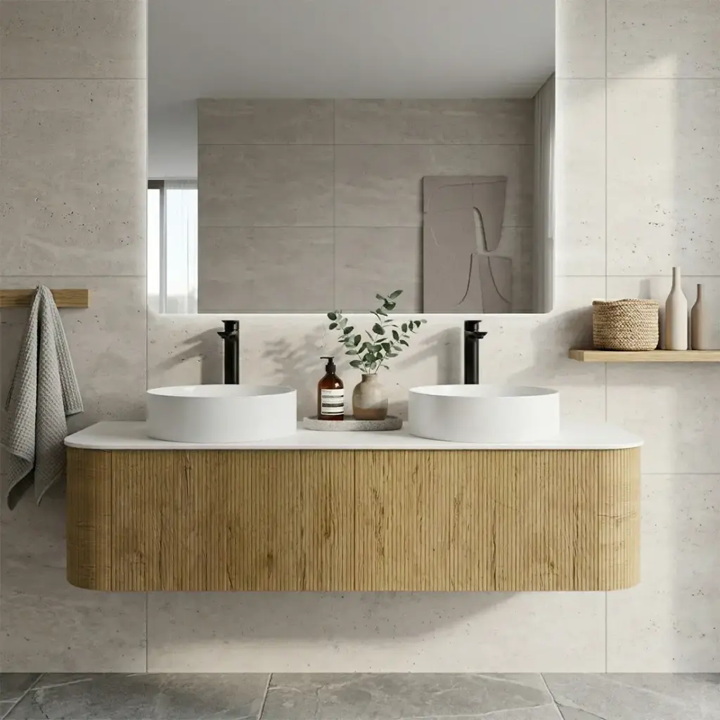 [93296/KC155W-PO] 1500mm Kiama Prime Oak Two Drawers Curved Wall Hung Vanity Cabinet Only