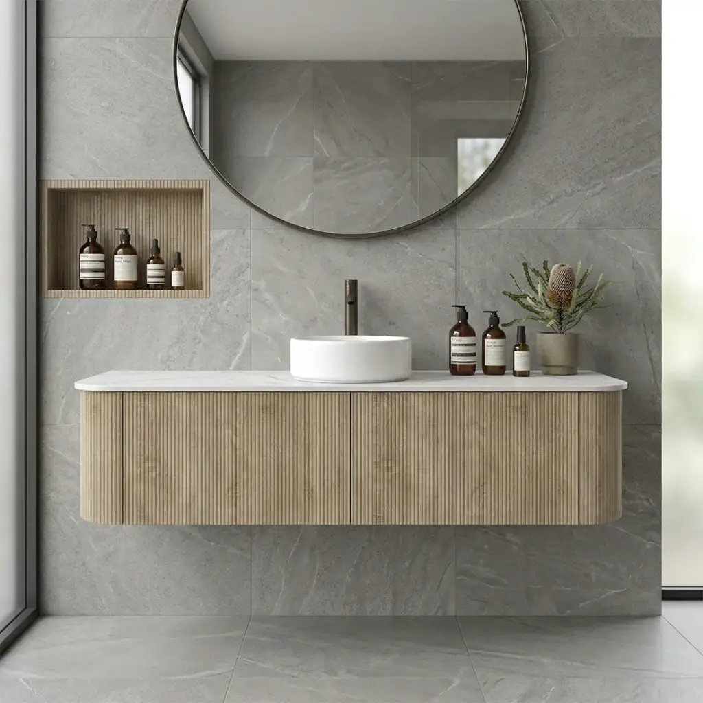 [93393/KC155W-WO] 1500mm Kiama White Oak Two Drawers Curved Wall Hung Vanity Cabinet Only