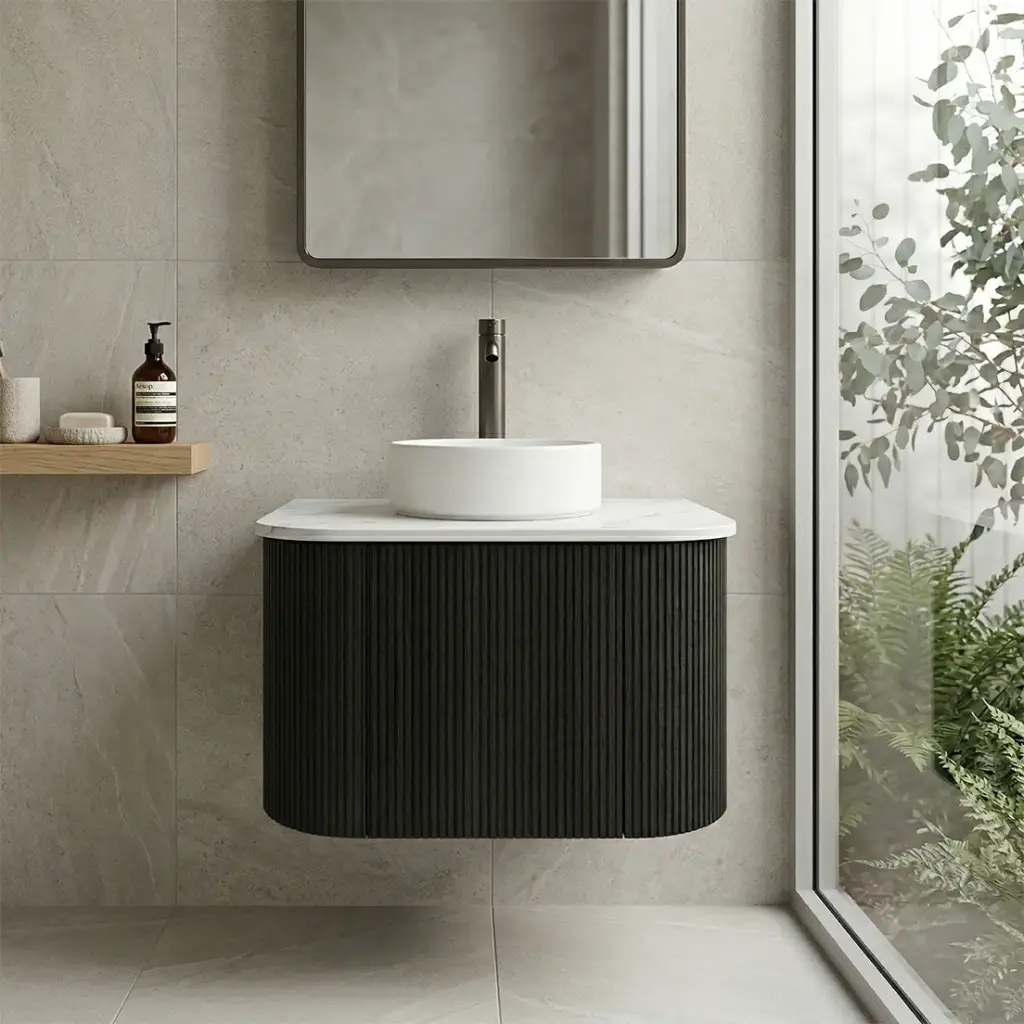 [93366/KC65W-BO] Kiama 600mm Bottega Oak One Door Curved Wall Hung Vanity Cabinet Only