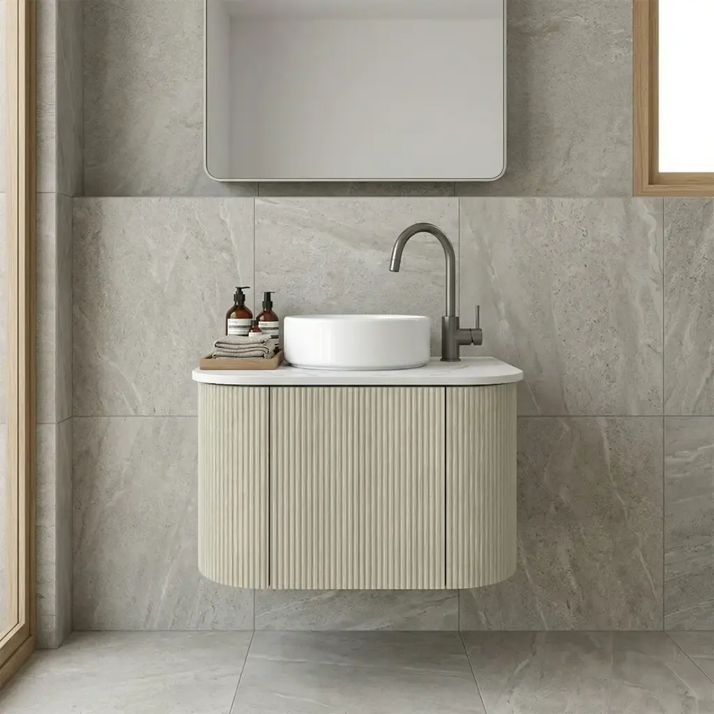 [93365/KC65W-CO] Kiama 600mm Coastal Oak One Door Curved Wall Hung Vanity Cabinet Only