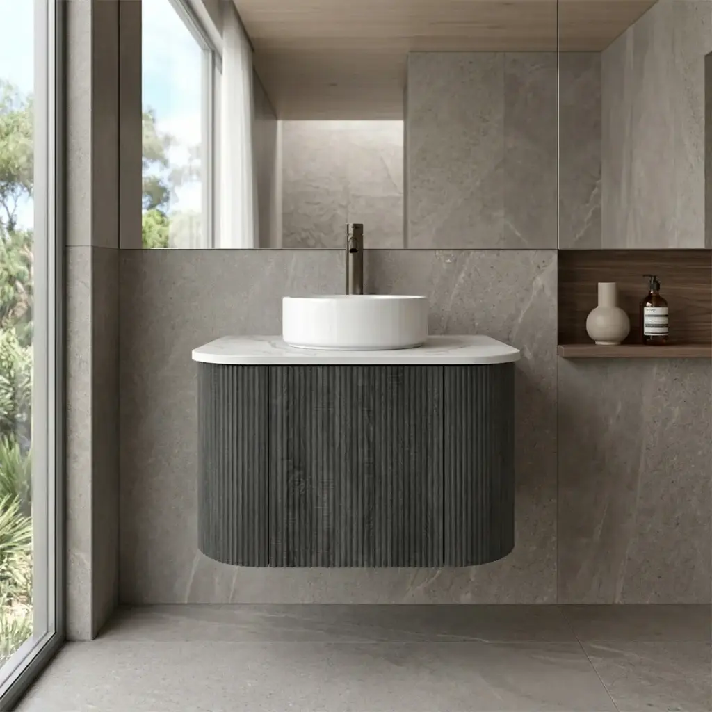 [93394/KC65W-DG] Kiama 600mm Dark Grey One Door Curved Wall Hung Vanity Cabinet Only