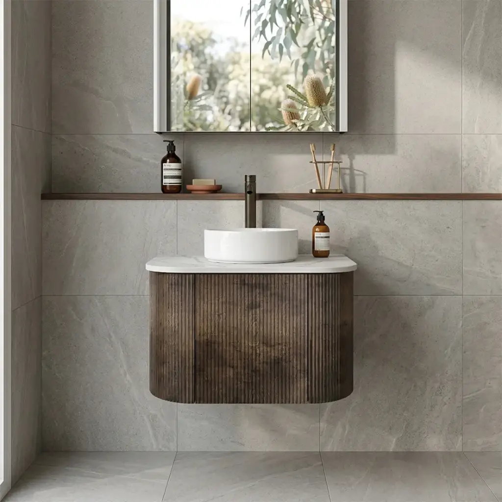 [93399/KC65W-DO] Kiama 600mm Dark Oak One Door Curved Wall Hung Vanity Cabinet Only