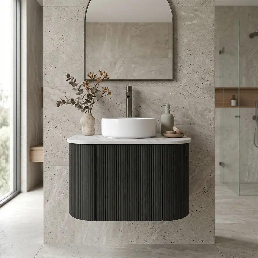 [93384/KC65W-MB] Kiama 600mm Matte Black One Door Curved Wall Hung Vanity Cabinet Only