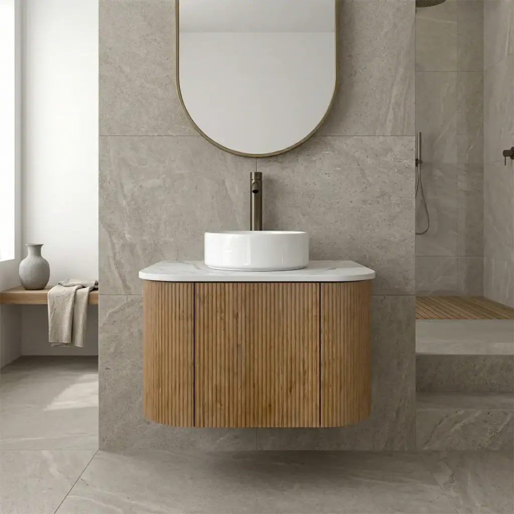 [93364/KC65W-PO] Kiama 600mm Prime Oak One Door Curved Wall Hung Vanity Cabinet Only