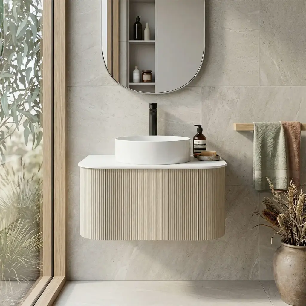 [93297/KC75W-CO] Kiama 750mm Coastal Oak One Drawer Curved Wall Hung Vanity Cabinet Only