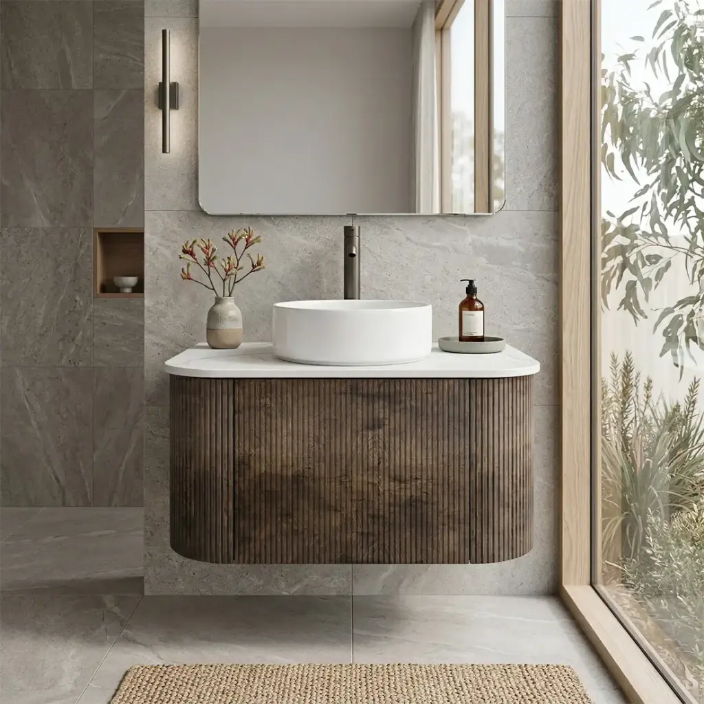 [93400/KC75W-DO] Kiama 750mm Dark Oak One Drawer Curved Wall Hung Vanity Cabinet Only