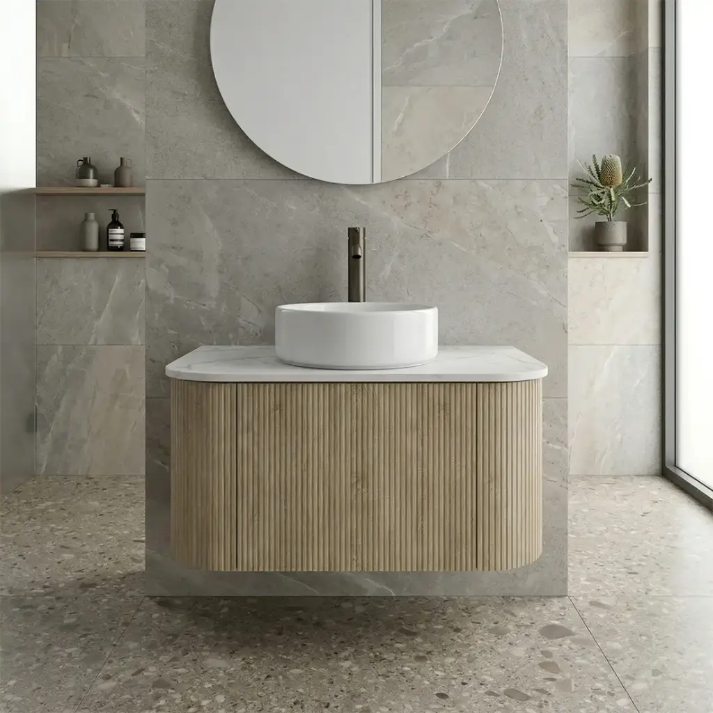 [93390/KC75W-WO] Kiama 750mm White Oak One Drawer Curved Wall Hung Vanity Cabinet Only