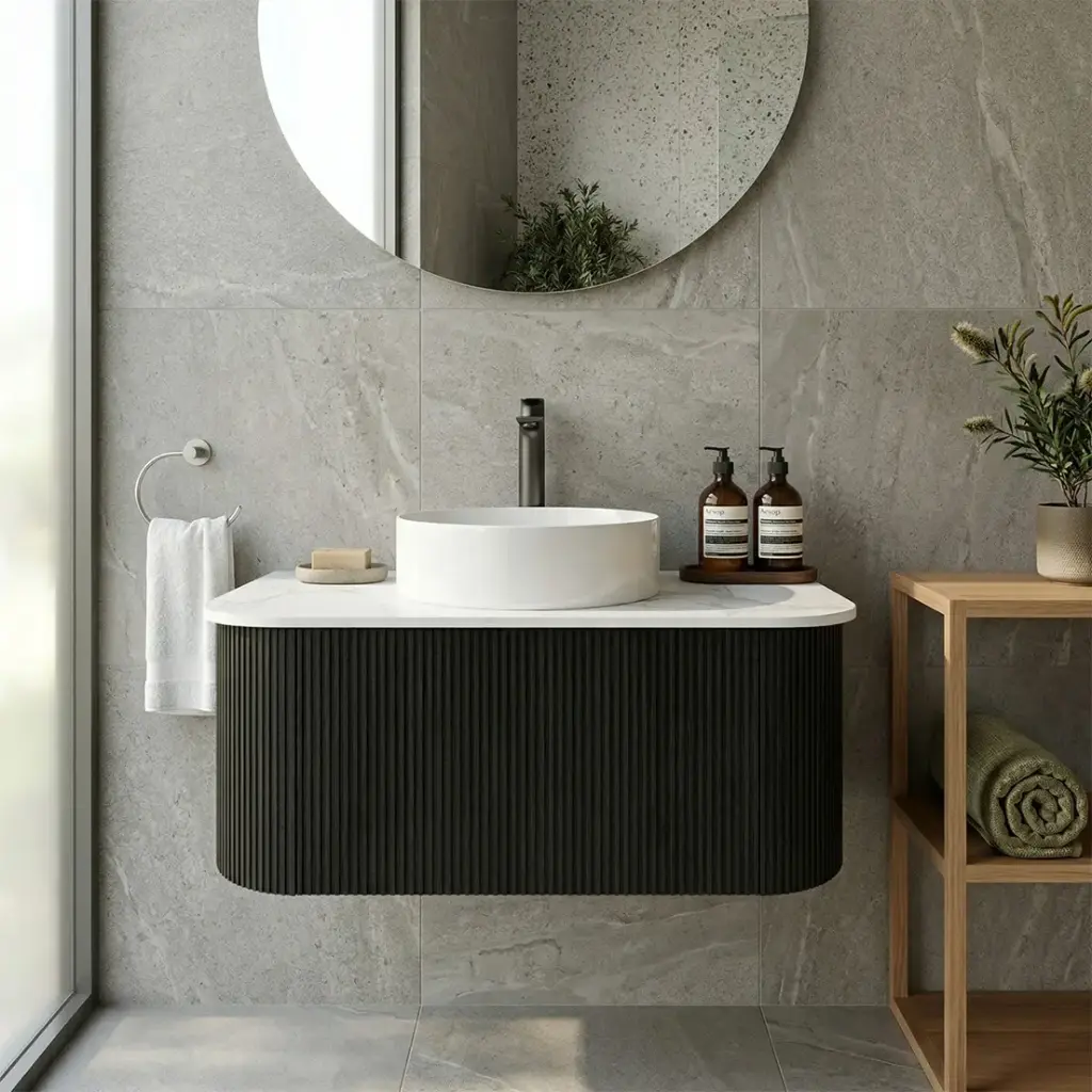 [93312/KC95W-BO] Kiama 900mm Bottega Oak One Drawer Curved Wall Hung Vanity Cabinet Only