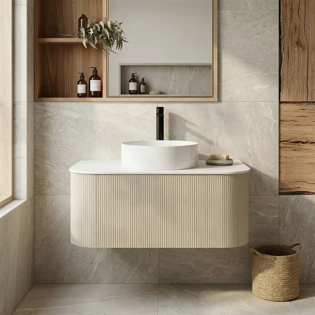 [93298/KC95W-CO] Kiama 900mm Coastal Oak One Drawer Curved Wall Hung Vanity Cabinet Only