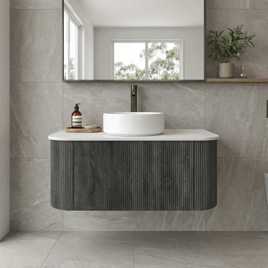 [93396/KC95W-DG] Kiama 900mm Dark Grey One Drawer Curved Wall Hung Vanity Cabinet Only