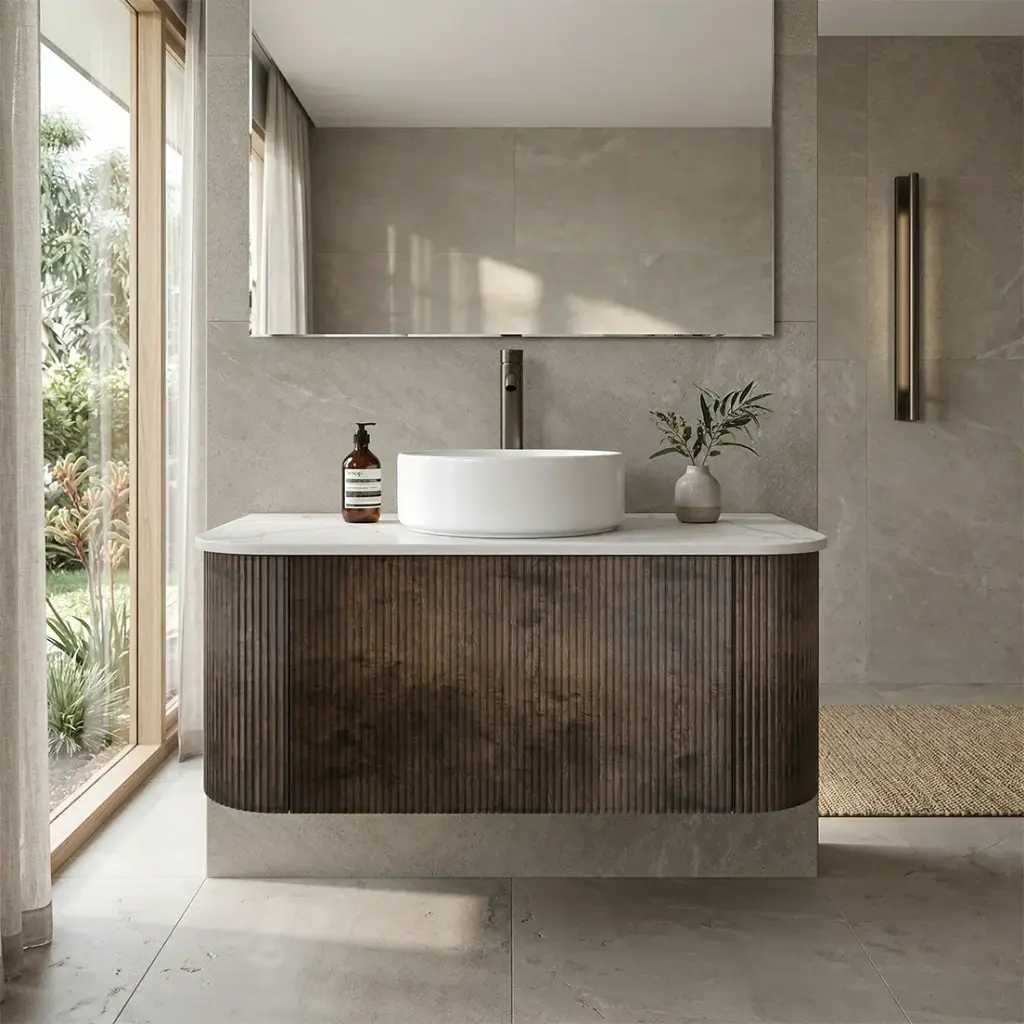 [93401/KC95W-DO] Kiama 900mm Dark Oak One Drawer Curved Wall Hung Vanity Cabinet Only