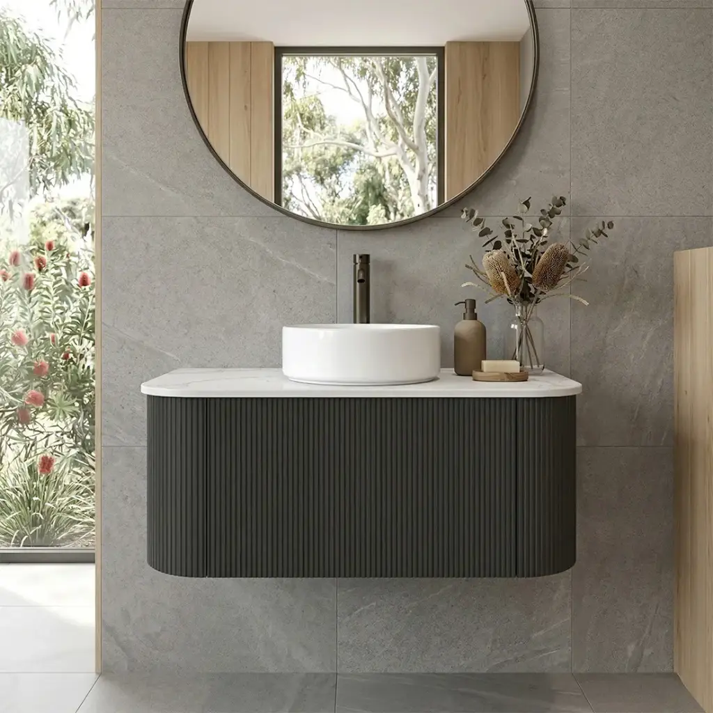 [93386/KC95W-MB] Kiama 900mm Matte Black One Drawer Curved Wall Hung Vanity Cabinet Only Only