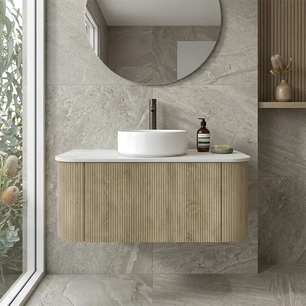 [93391/KC95W-WO] Kiama 900mm White Oak One Drawer Curved Wall Hung Vanity Cabinet Only