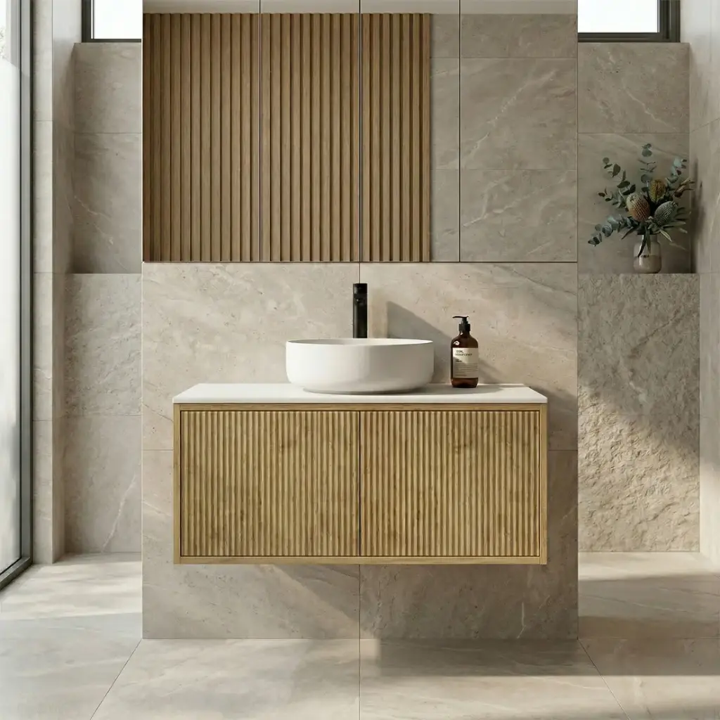 [93265/K95LW-PO] Kiama 900mm Prime Oak One Left Drawer One Right Door Wall Hung Vanity Cabinet Only