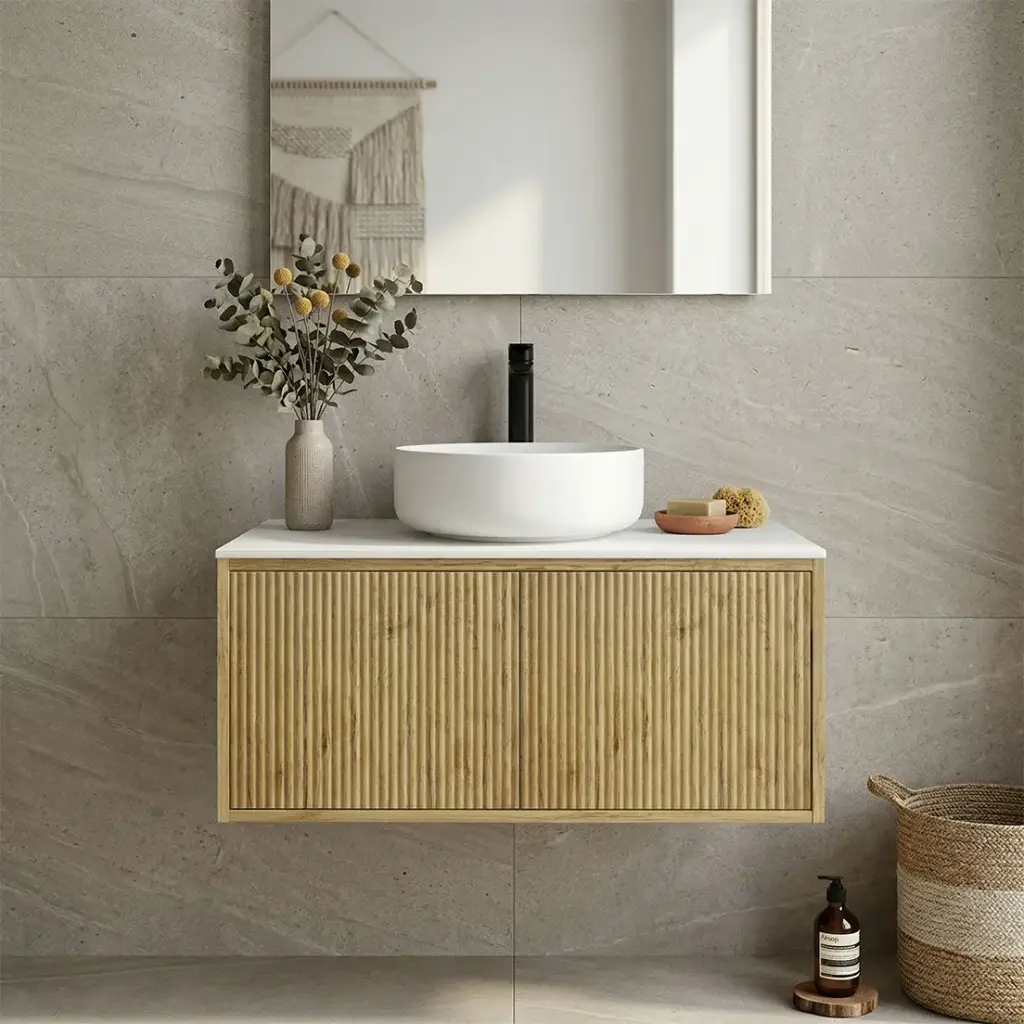 [93266/K95RW-PO] Kiama 900mm Prime Oak One Right Drawer One Left Door Wall Hung Vanity Cabinet Only