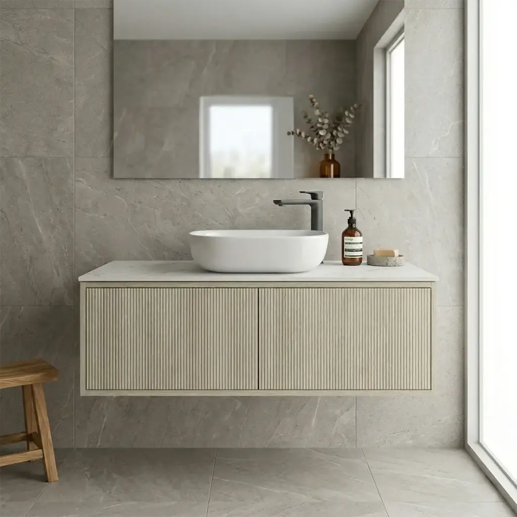 [93290/K1239LW-CO] Kiama Slim 1200mm Coastal Oak One Left Drawer One Right Door Narrow Wall Hung Vanity Cabinet Only