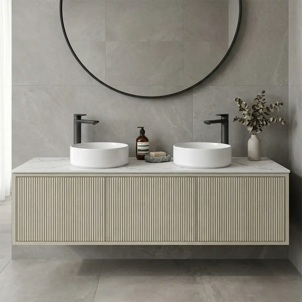 [93292/K1539W-CO] 1500mm Kiama Coastal Oak Midder Door Narrow Wall Hung Vanity Cabinet Only