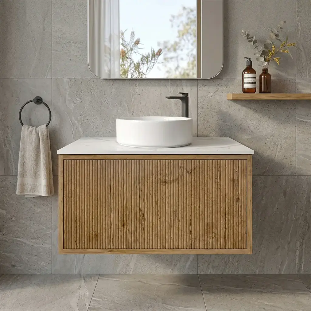 [93280/K739W-PO] Kiama Slim 750mm Prime Oak One Drawer Narrow Wall Hung Vanity Cabinet Only