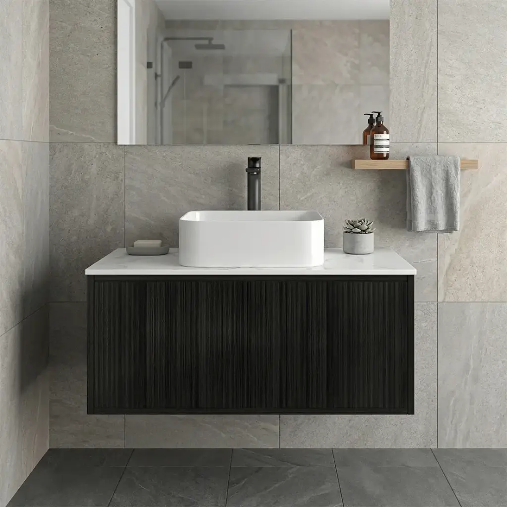 [93327/K939RW-BO] Kiama Slim 900mm Bottega Oak One Right Drawer One Left Door Narrow Wall Hung Vanity Cabinet Only