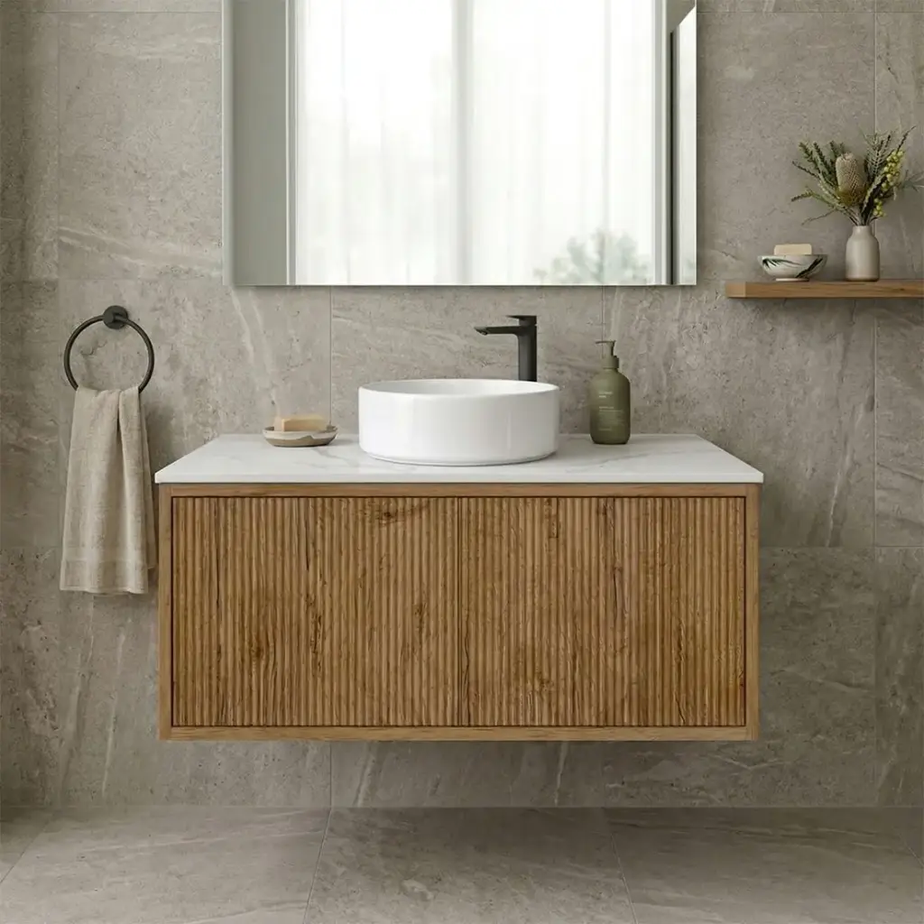 [93281/K939LW-PO] Kiama Slim 900mm Prime Oak One Left Drawer One Right Door Narrow Wall Hung Vanity Cabinet Only