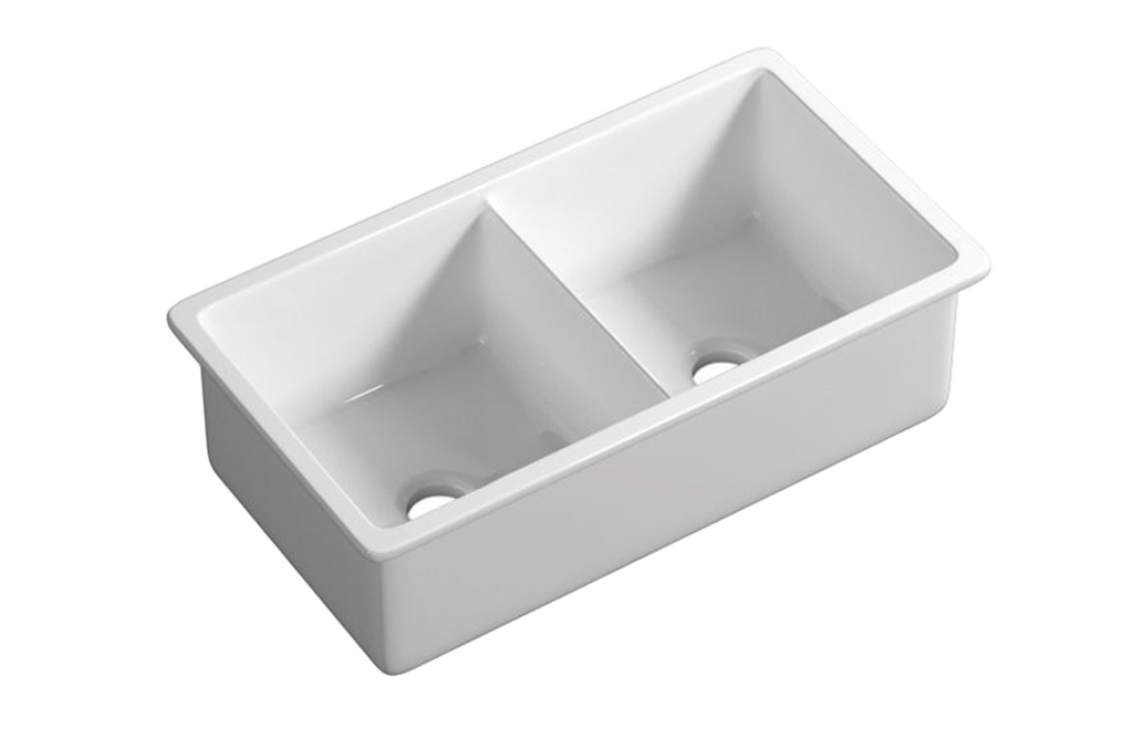 [56039] Size:813*483*254mm Gloss White Procida Fine Fireclay Inset/Undermount Sink Double Bowl,Grid And Waste Included
