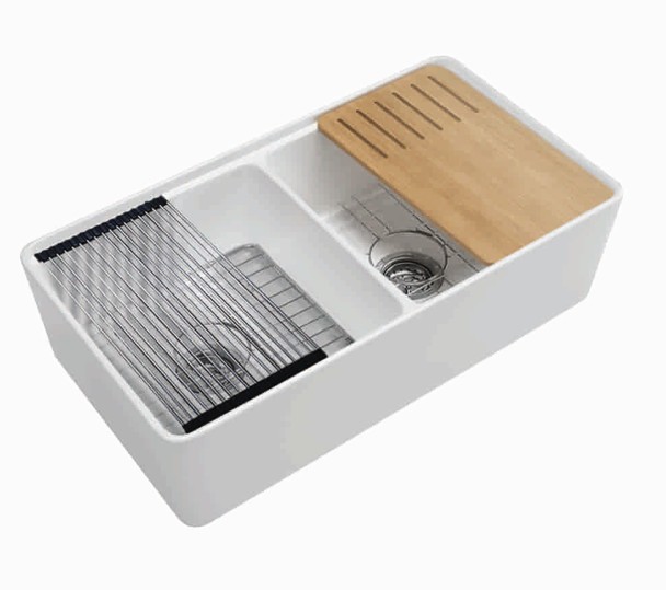[56034] Size:835*508*255mm Gloss White Orta Fine Fireclay Farmhouse Sink With Work Station Doulle Bowl Grid, Waste,Rolling Mat,And Bamboo Cutting Board Included