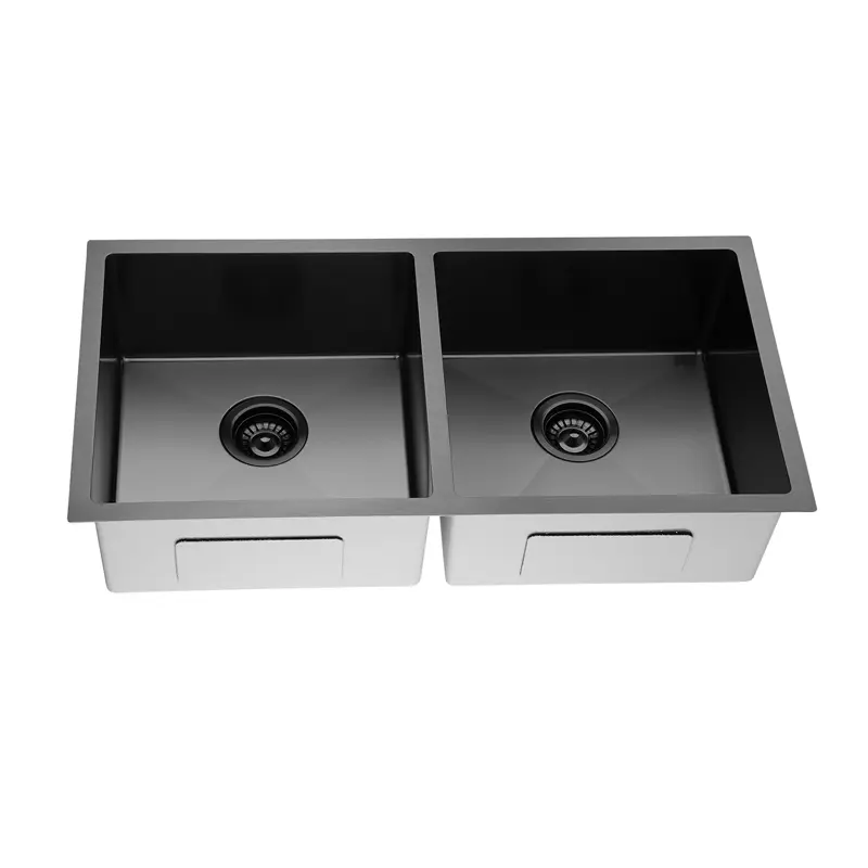 [41517] Round Corner Dark Grey Stainless Steel Handmade Double Bowl Kitchen Sink 865*440*200mm(With Dark Grey Waste)