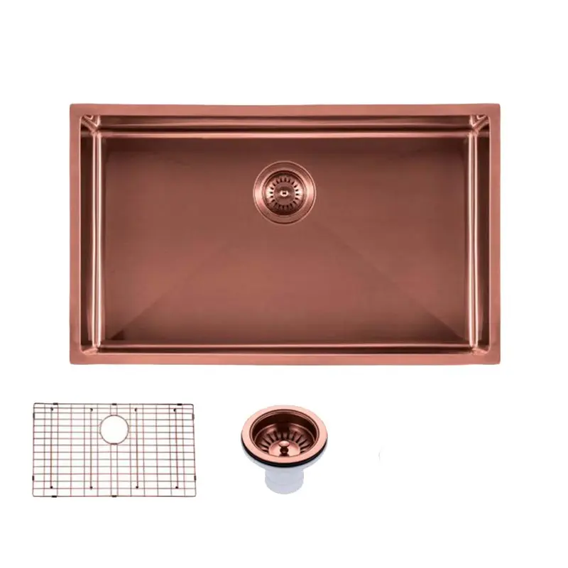 [41529] Round Corner Stainless Steel Copper PVD Coating Single Bowl Kitchen Sink(With Bottom Grid) 762*457*254mm