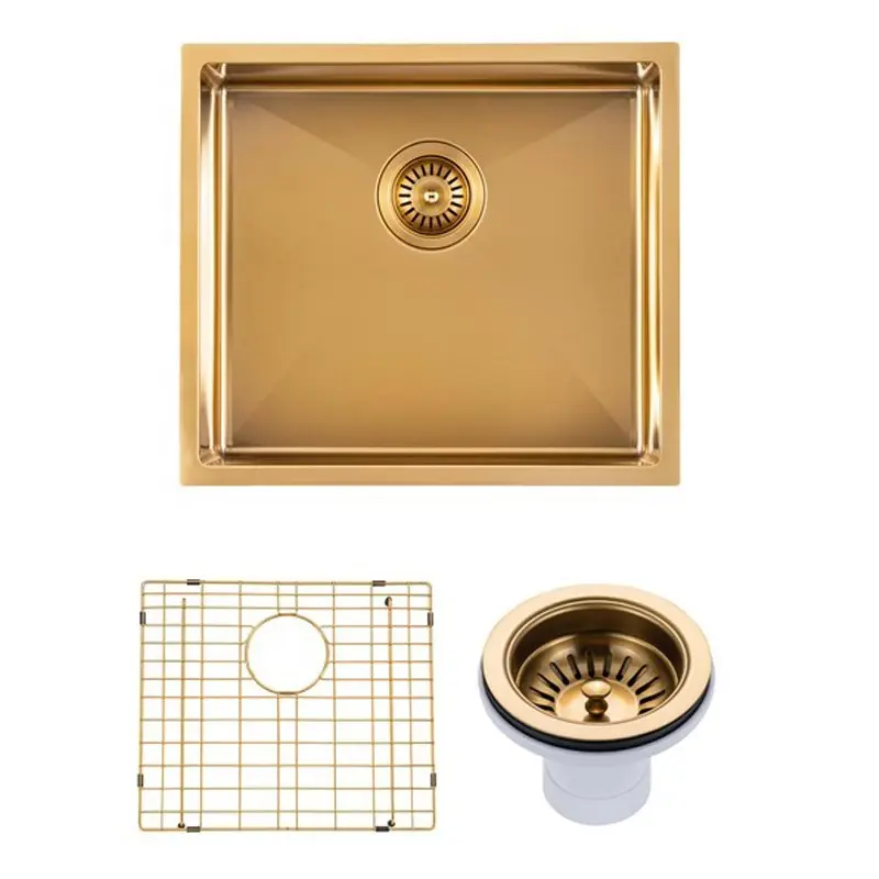 [41540] (C-500 Gold)Round Corner Stainless Steel Brushed Brass PVD Coating Single Bowl Kitchen Sink(With Bottom Grid) 500*440*230mm