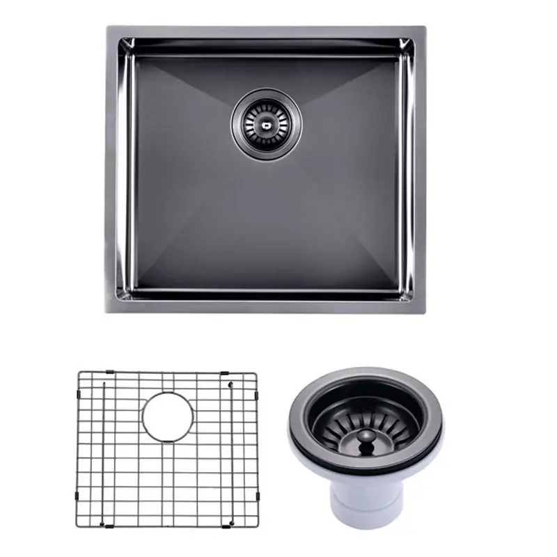 [41541] (C-500 Black)Round Corner Stainless Steel Gun Metal Grey PVD Coating Single Bowl Kitchen Sink(With Bottom Grid) 500*440*230mm