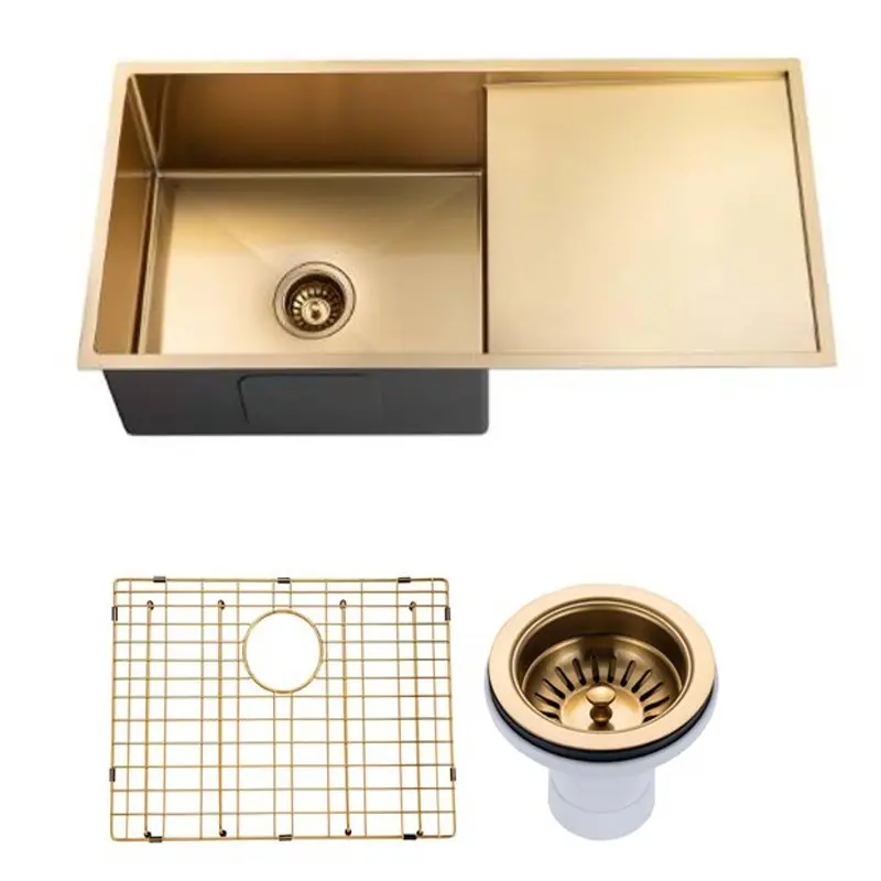 [41544] (C-960 Gold)Round Corner Stainless Steel Brushed Brass PVD Coating Single Bowl With Drain Board Kitchen Sink(With Bottom Grid) 960*450*230mm